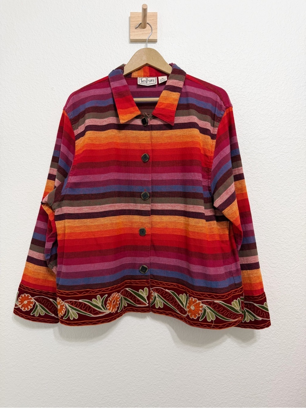 Vintage Colorful Striped Southwestern Embroidered 100% Cotton Jacket XL